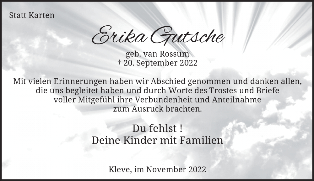  Traueranzeige für Erika Gutsche vom 05.11.2022 aus Rheinische Post