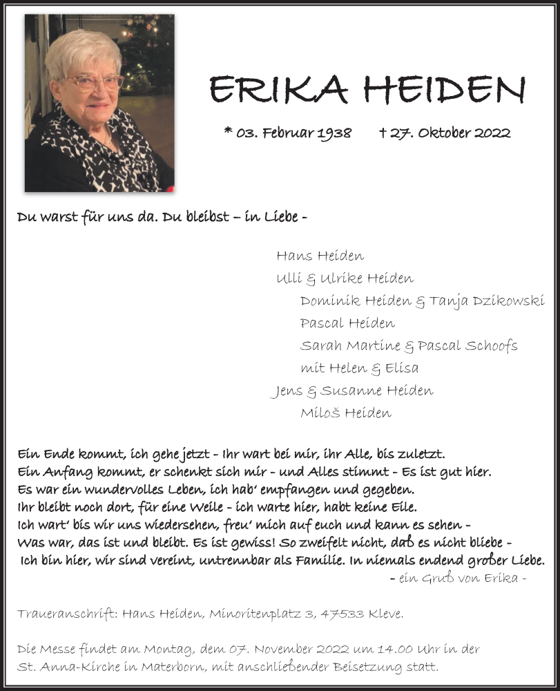  Traueranzeige für Erika Heiden vom 03.11.2022 aus Rheinische Post