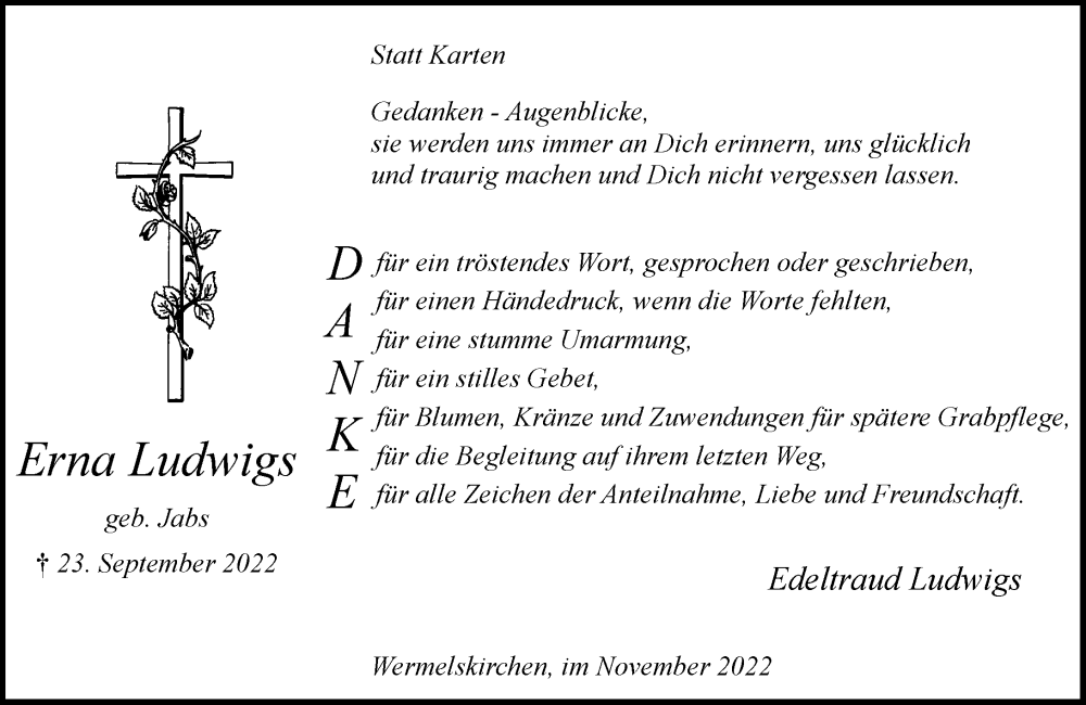  Traueranzeige für Erna Ludwigs vom 05.11.2022 aus Rheinische Post