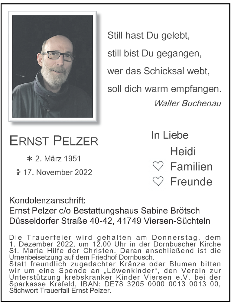  Traueranzeige für Ernst Pelzer vom 26.11.2022 aus Rheinische Post