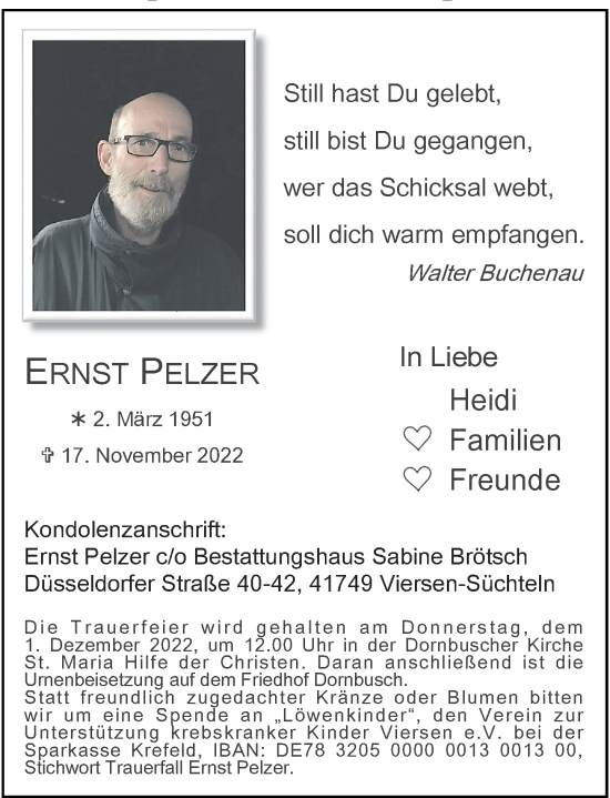 Traueranzeige von Ernst Pelzer von Rheinische Post