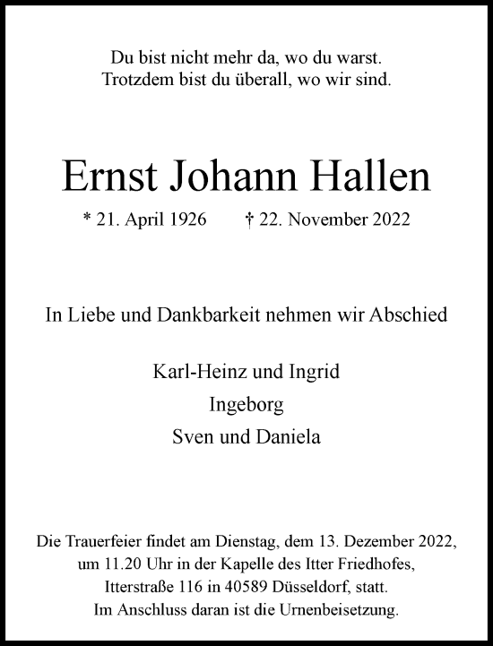 Traueranzeige von Ernst Johann Hallen von Rheinische Post