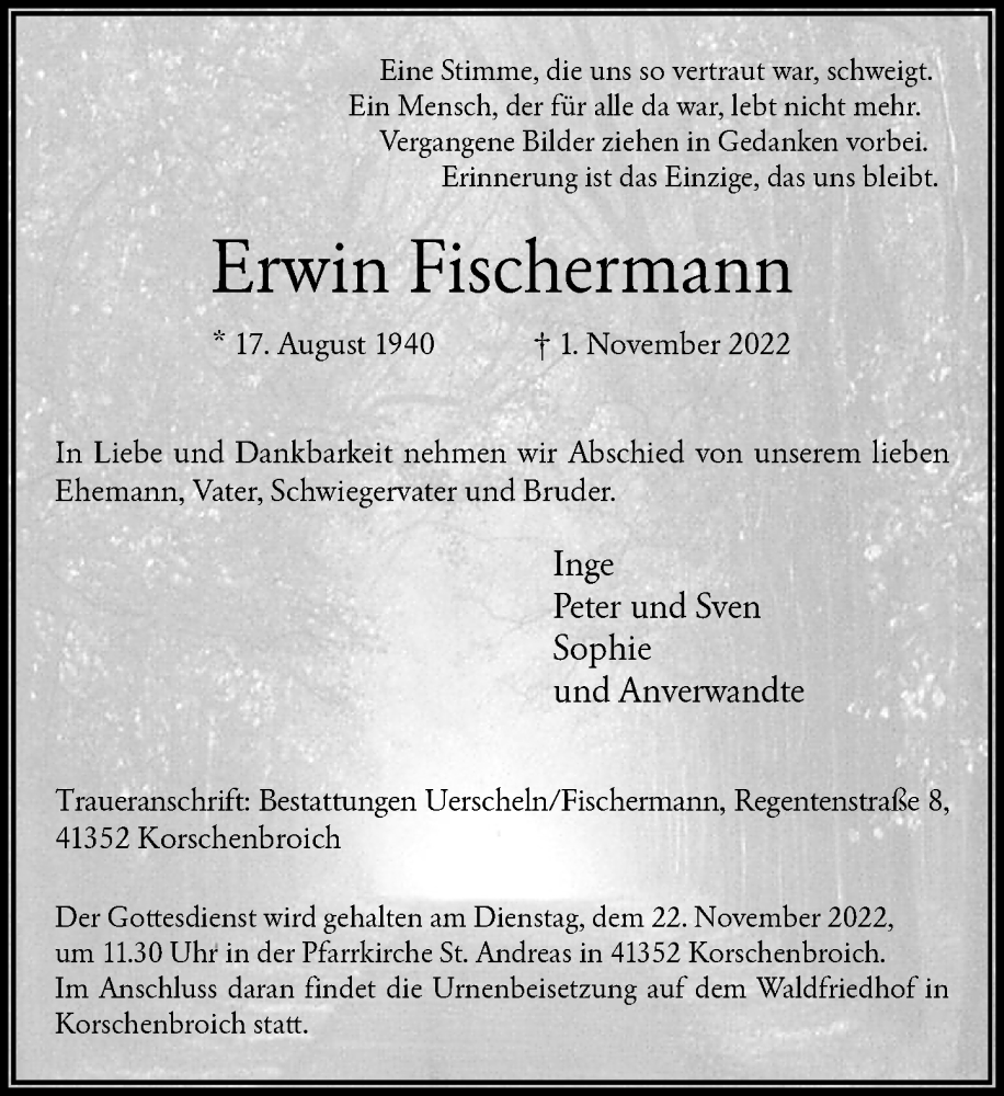  Traueranzeige für Erwin Fischermann vom 16.11.2022 aus Rheinische Post