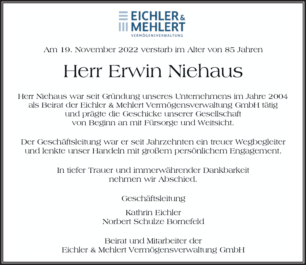  Traueranzeige für Erwin Niehaus vom 26.11.2022 aus Rheinische Post