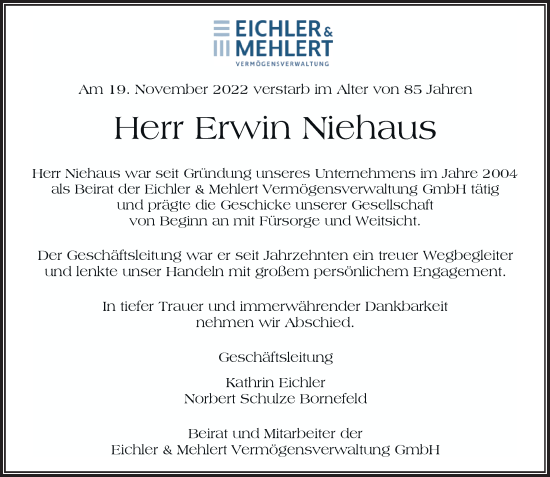 Traueranzeige von Erwin Niehaus von Rheinische Post