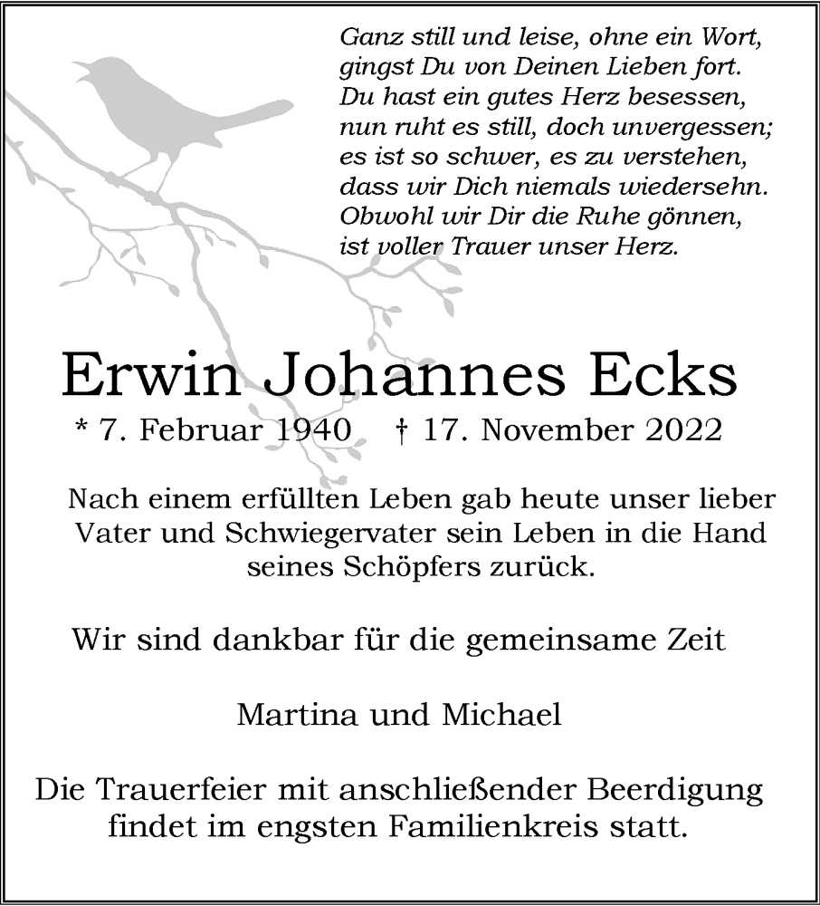  Traueranzeige für Erwin Johannes Ecks vom 26.11.2022 aus Rheinische Post