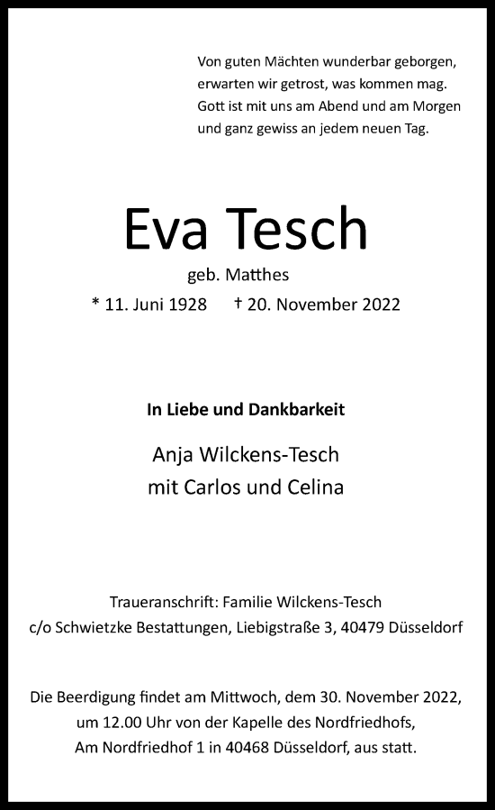 Traueranzeige von Eva Tesch von Rheinische Post