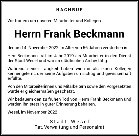 Traueranzeige von Frank Beckmann von Rheinische Post