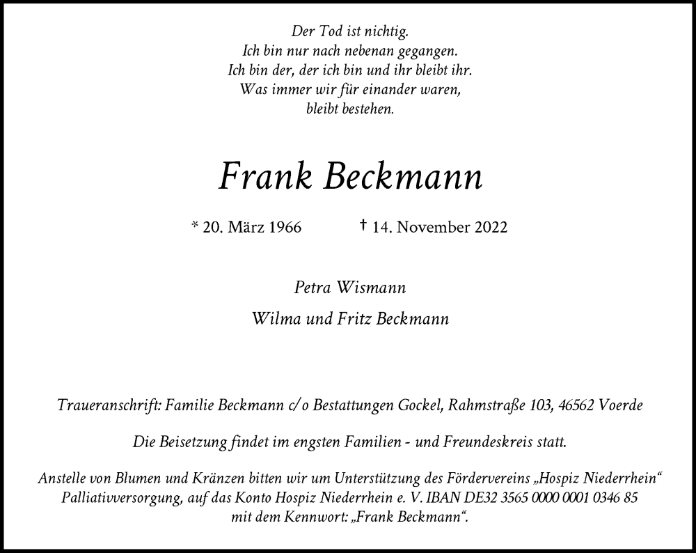  Traueranzeige für Frank Beckmann vom 26.11.2022 aus Rheinische Post