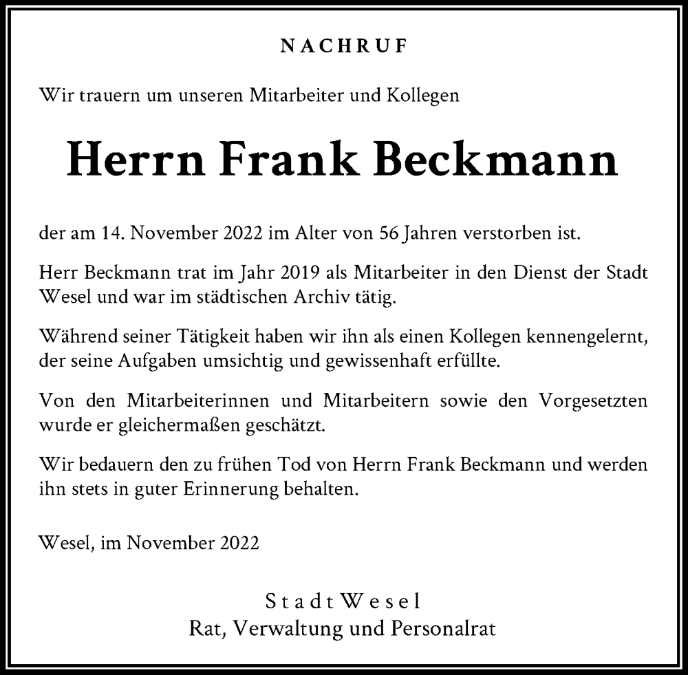  Traueranzeige für Frank Beckmann vom 25.11.2022 aus Rheinische Post