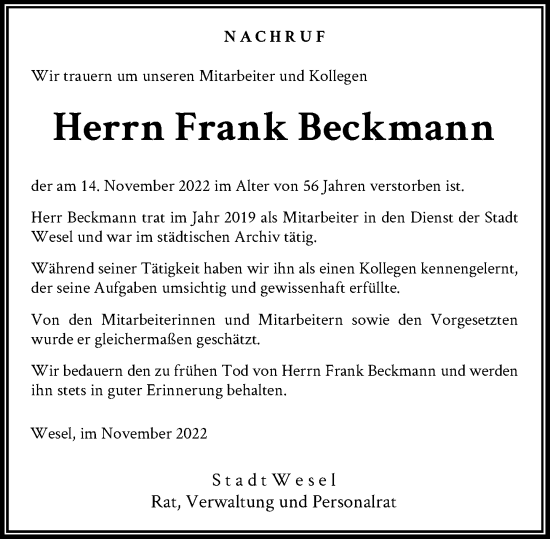 Traueranzeige von Frank Beckmann von Rheinische Post