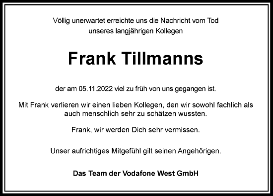 Traueranzeige von Frank Tillmanns von Rheinische Post