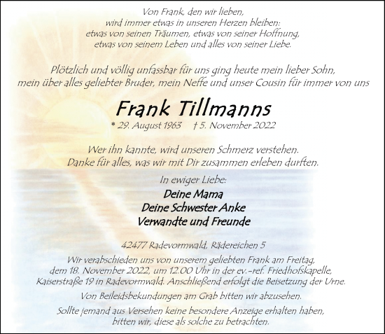 Traueranzeige von Frank Tillmanns von Rheinische Post