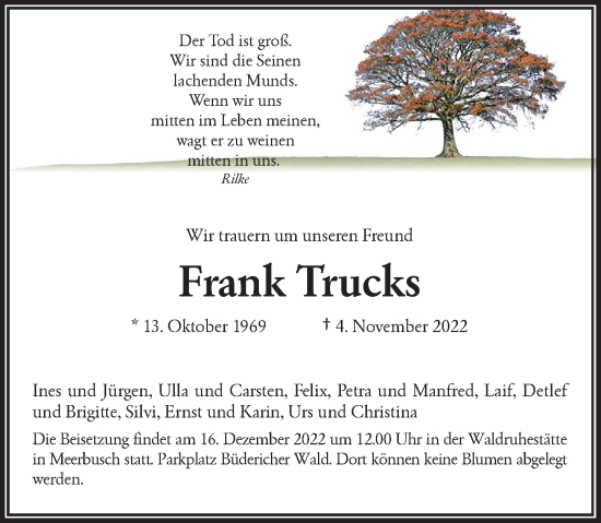 Traueranzeige von Frank Trucks von Rheinische Post