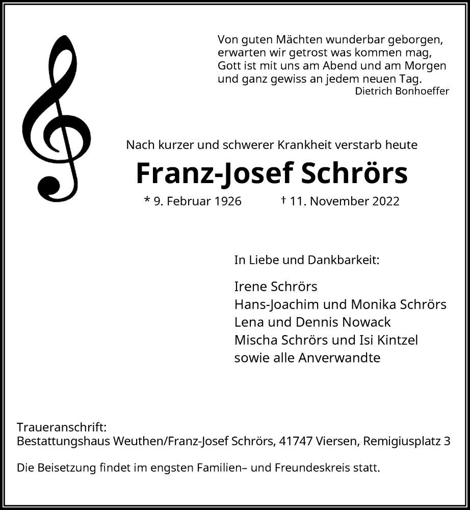  Traueranzeige für Franz-Josef Schrörs vom 19.11.2022 aus Rheinische Post