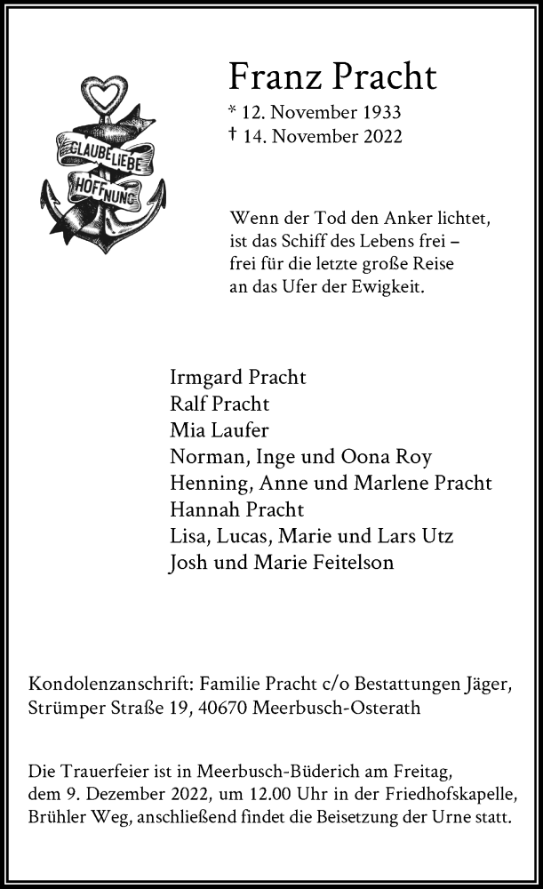  Traueranzeige für Franz Pracht vom 26.11.2022 aus Rheinische Post