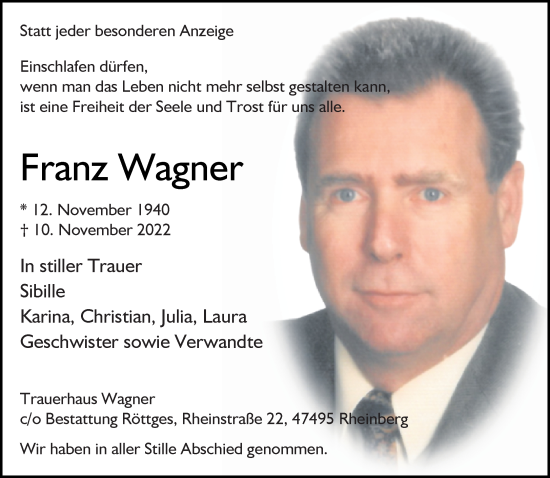 Traueranzeige von Franz Wagner von Rheinische Post