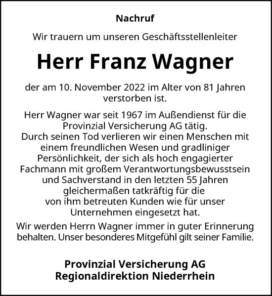 Traueranzeige von Franz Wagner von Rheinische Post