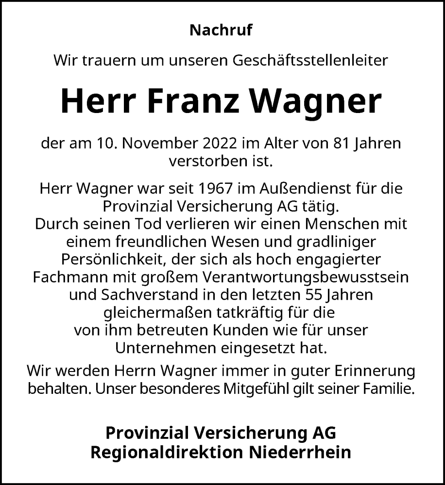  Traueranzeige für Franz Wagner vom 30.11.2022 aus Rheinische Post