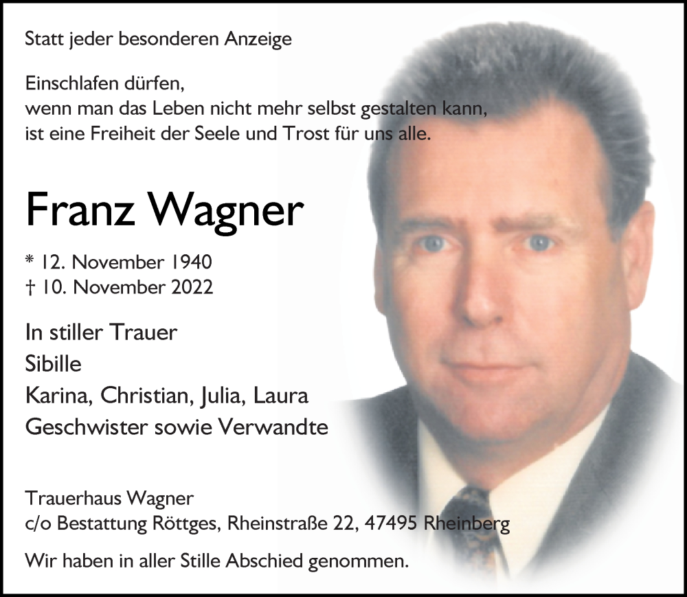  Traueranzeige für Franz Wagner vom 23.11.2022 aus Rheinische Post