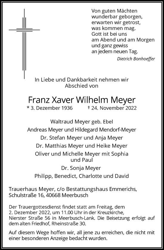 Traueranzeige von Franz Xaver Wilhelm Meyer von Rheinische Post