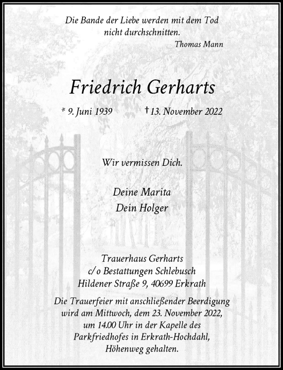 Traueranzeige von Friedrich Gerharts von Rheinische Post