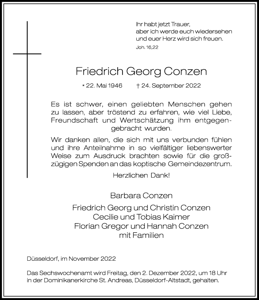  Traueranzeige für Friedrich Georg Conzen vom 19.11.2022 aus Rheinische Post