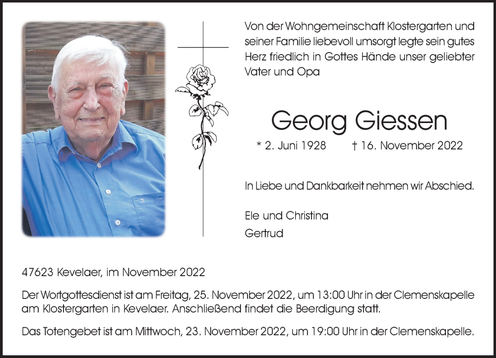  Traueranzeige für Georg Giessen vom 21.11.2022 aus Rheinische Post