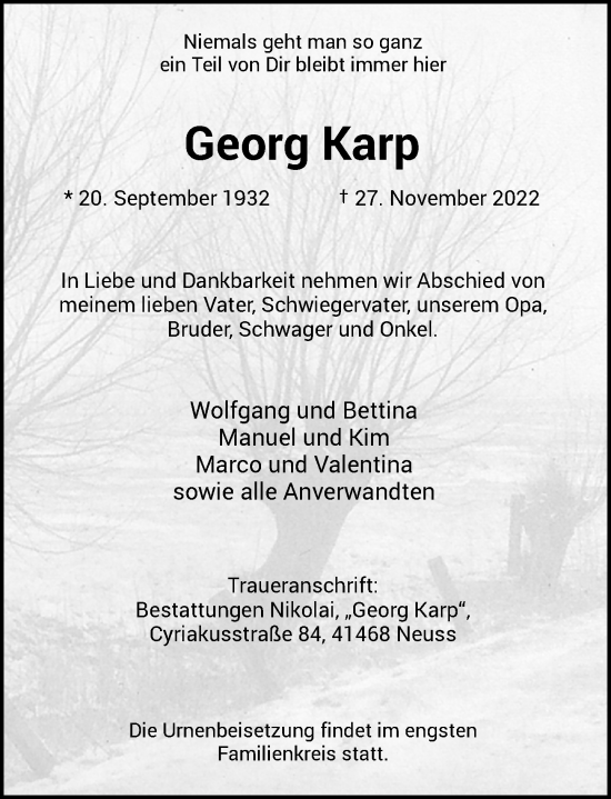 Traueranzeige von Georg Karp von Rheinische Post