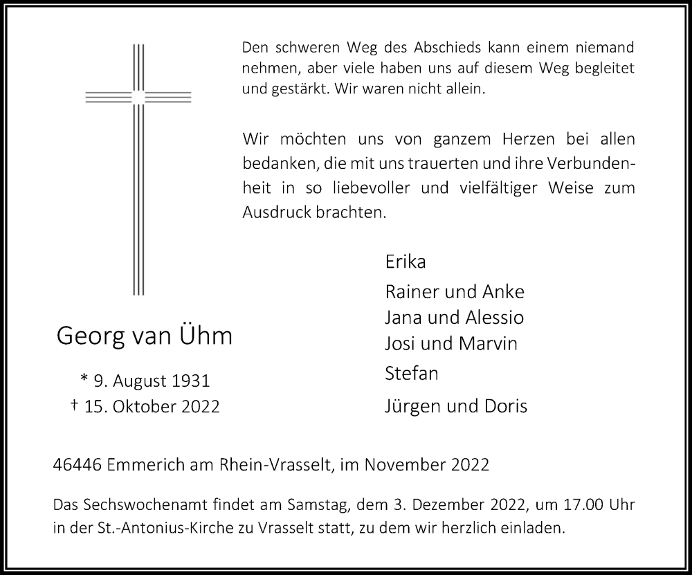  Traueranzeige für Georg van Ühm vom 26.11.2022 aus Rheinische Post