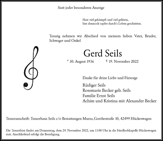 Traueranzeige von Gerd Seils von Rheinische Post