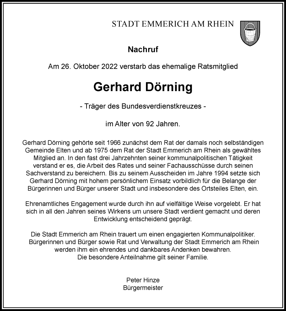  Traueranzeige für Gerhard Dörning vom 09.11.2022 aus Rheinische Post