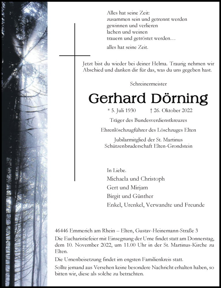  Traueranzeige für Gerhard Dörning vom 05.11.2022 aus Rheinische Post
