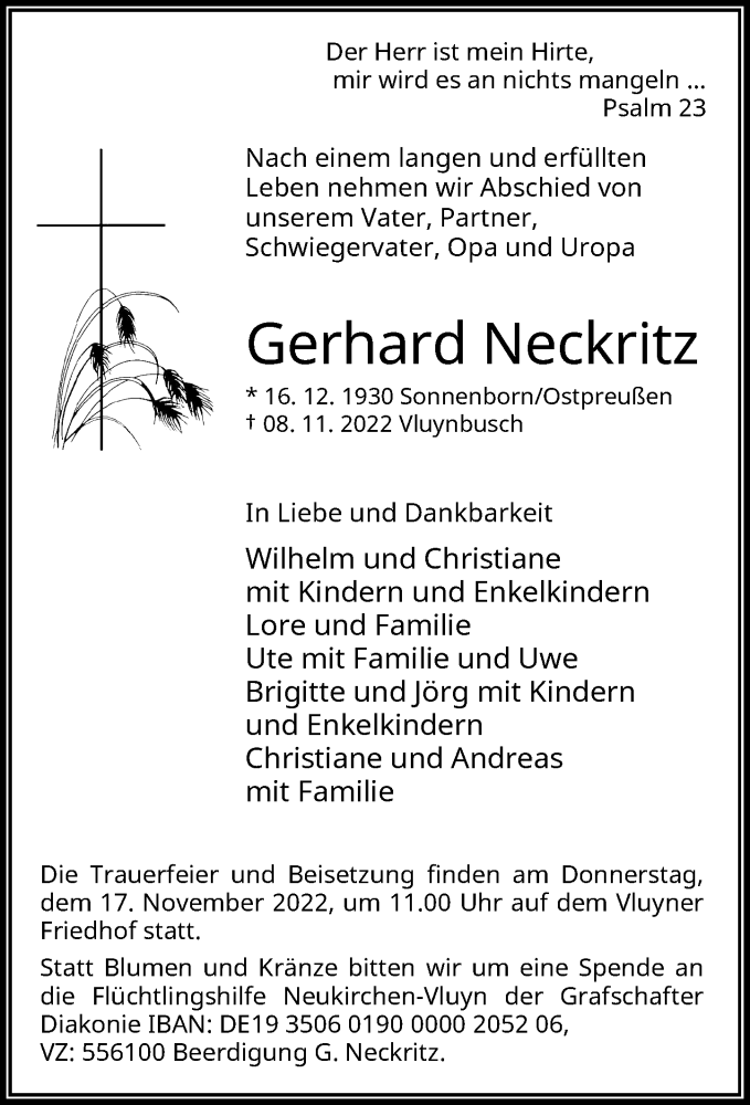  Traueranzeige für Gerhard Neckritz vom 12.11.2022 aus Rheinische Post