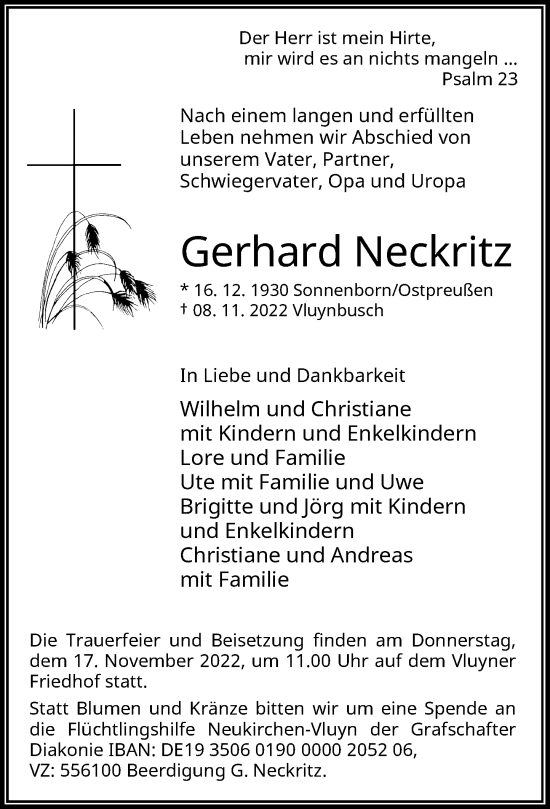 Traueranzeige von Gerhard Neckritz von Rheinische Post