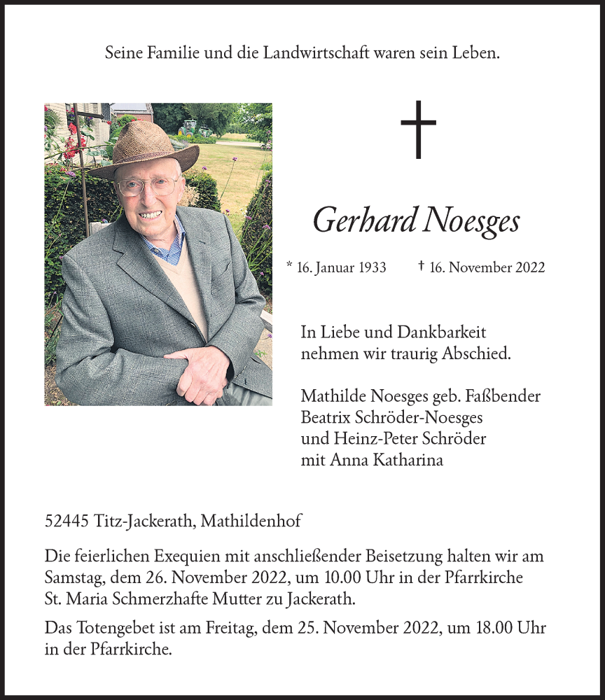  Traueranzeige für Gerhard Noesges vom 19.11.2022 aus Rheinische Post