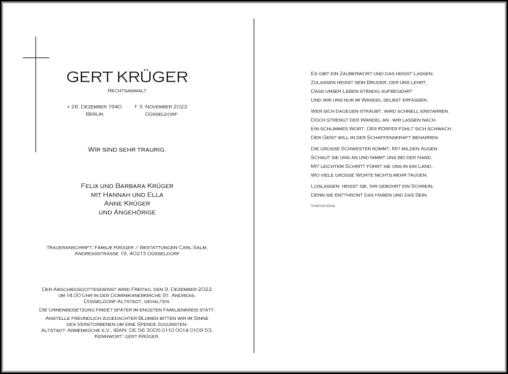  Traueranzeige für Gert Krüger vom 19.11.2022 aus Rheinische Post