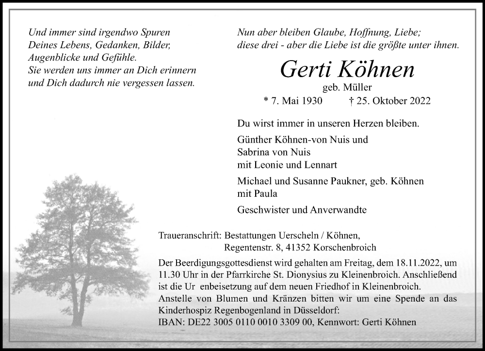  Traueranzeige für Gerti Köhnen vom 05.11.2022 aus Rheinische Post