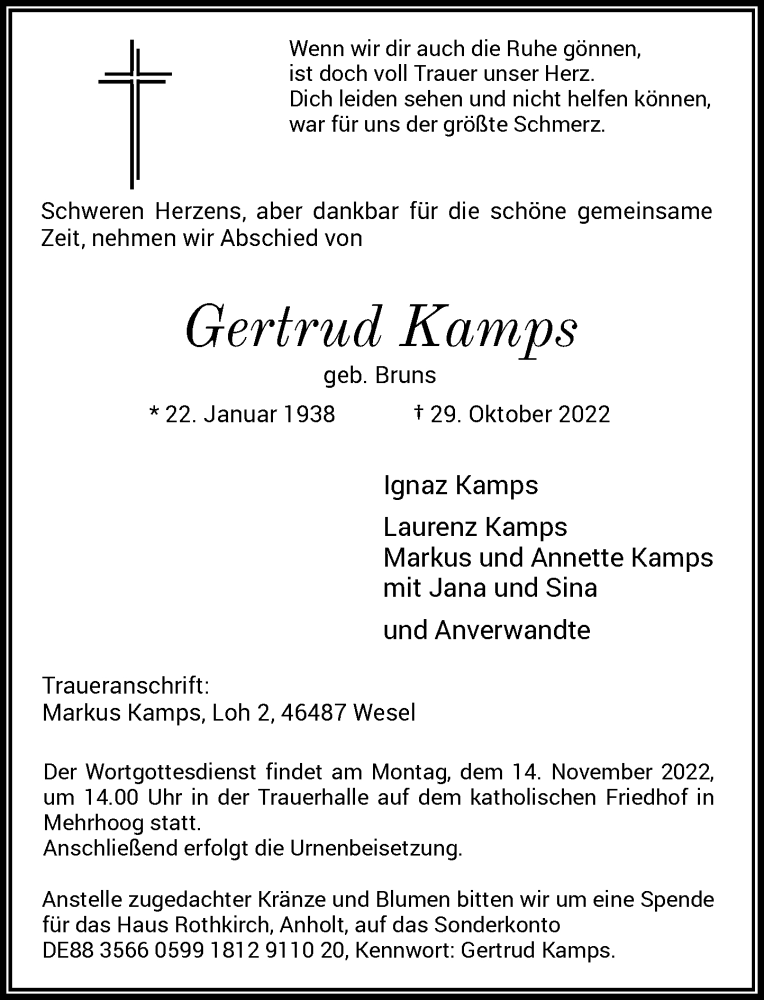  Traueranzeige für Gertrud Kamps vom 05.11.2022 aus Rheinische Post