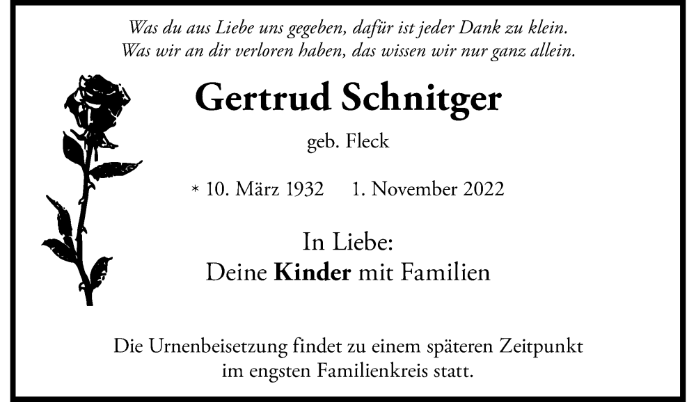  Traueranzeige für Gertrud Schnitger vom 07.11.2022 aus Rheinische Post