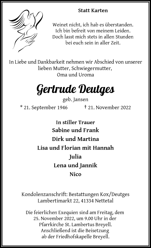  Traueranzeige für Gertrude Deutges vom 23.11.2022 aus Rheinische Post