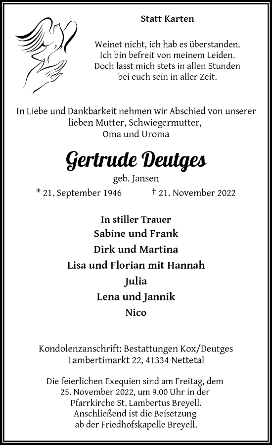 Traueranzeige von Gertrude Deutges von Rheinische Post