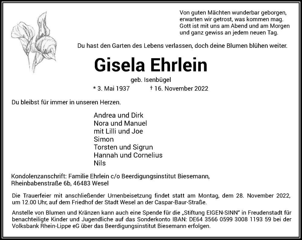  Traueranzeige für Gisela Ehrlein vom 22.11.2022 aus Rheinische Post