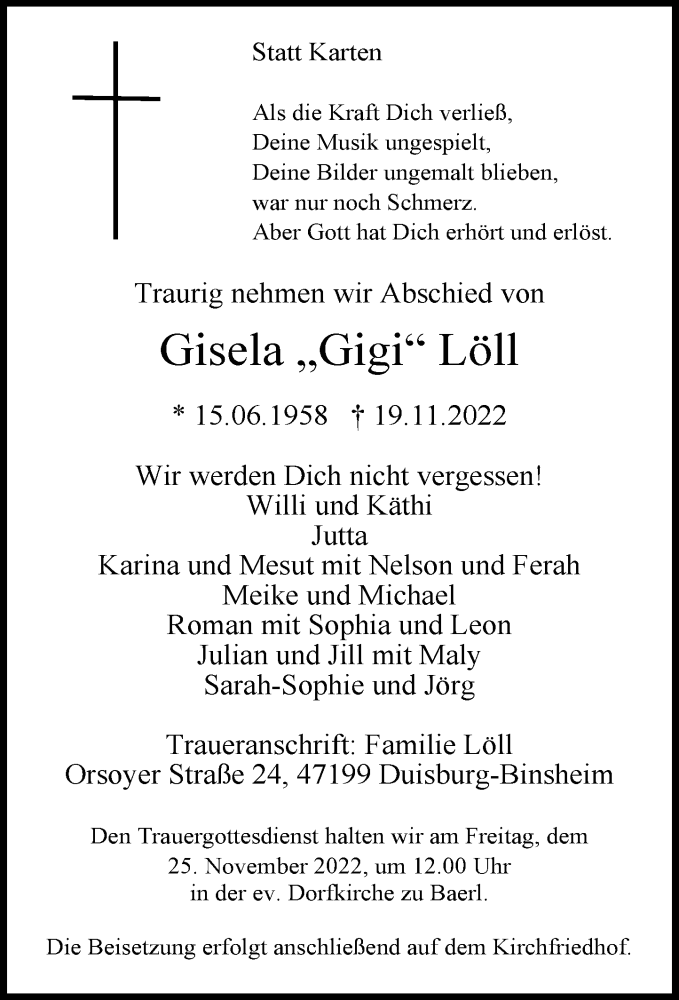  Traueranzeige für Gisela Löll vom 23.11.2022 aus Rheinische Post