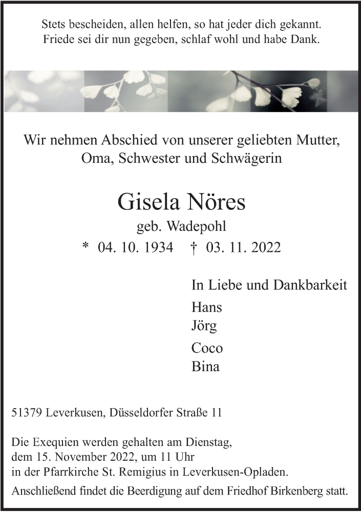  Traueranzeige für Gisela Nöres vom 12.11.2022 aus Rheinische Post