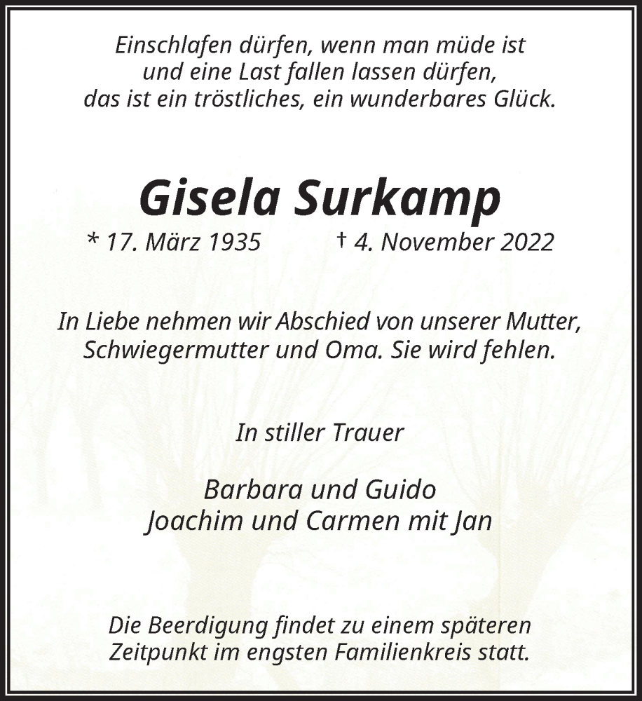  Traueranzeige für Gisela Surkamp vom 12.11.2022 aus Rheinische Post