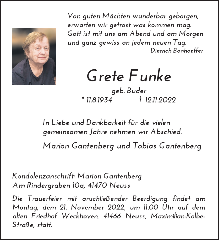  Traueranzeige für Grete Funke vom 19.11.2022 aus Rheinische Post