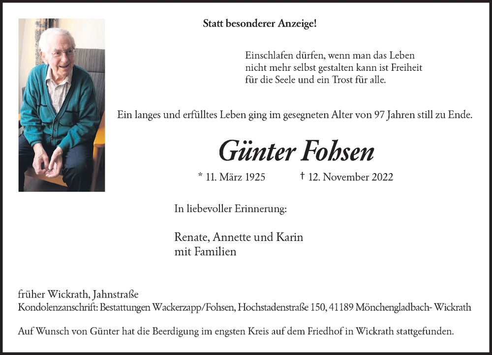  Traueranzeige für Günter Fohsen vom 19.11.2022 aus Rheinische Post
