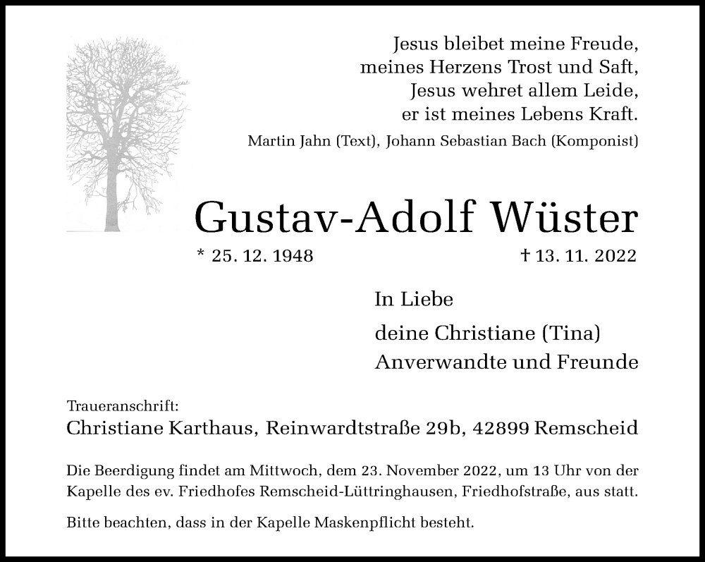  Traueranzeige für Gustav-Adolf Wüster vom 19.11.2022 aus Rheinische Post
