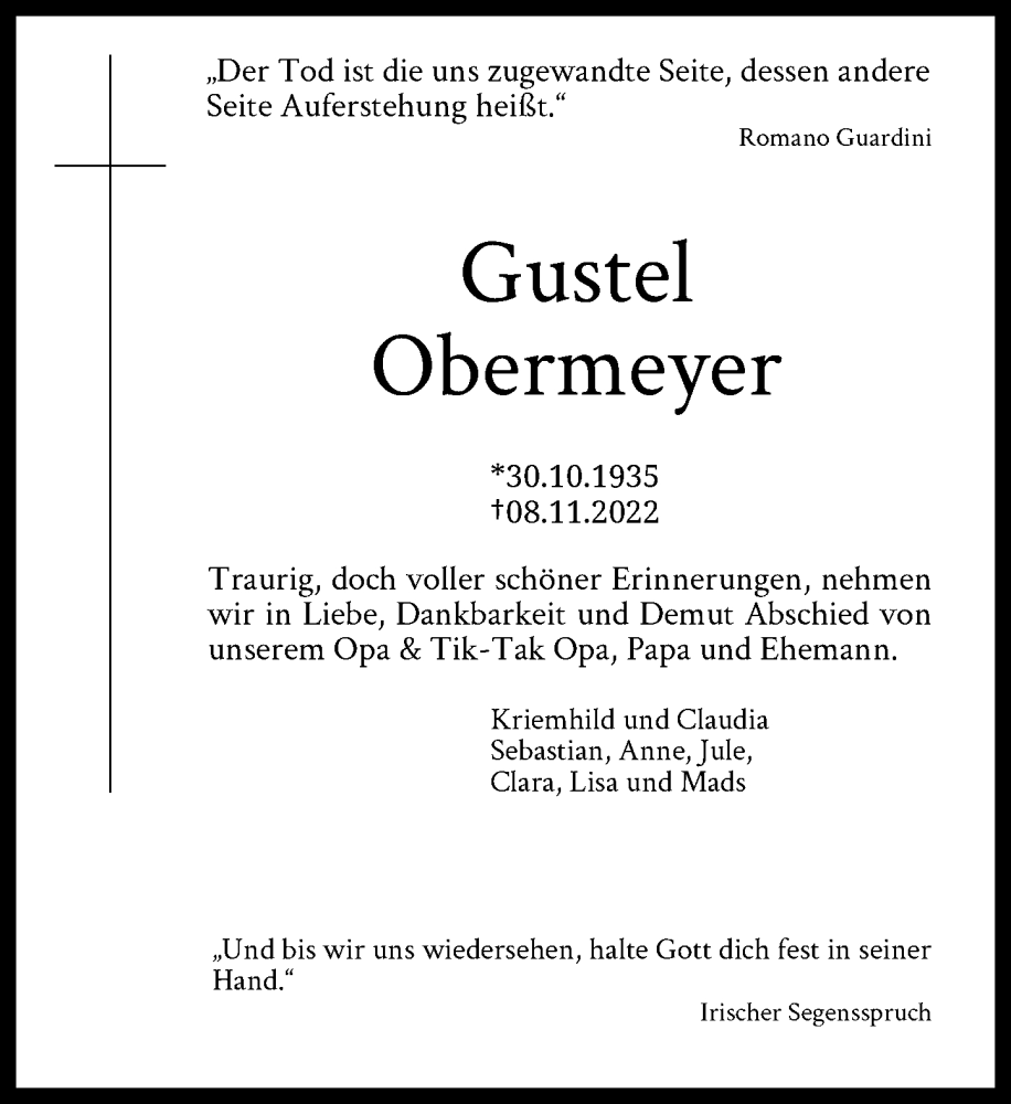  Traueranzeige für Gustel Obermeyer vom 11.11.2022 aus Rheinische Post